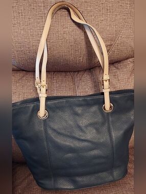 Michael Kors Navy Tote Purse with Cream Straps